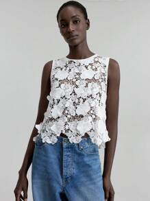 Ontre 女士四季立体花朵上衣，优雅镂空花朵蕾丝吊带背心，设计师款上衣 - 白色 - 查看 4