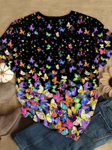 SHEIN LUNE 大码女式彩色蝴蝶印花 T 恤，夏季女装，圆点印花 T 恤，可爱夏季上衣，大码女式图案 T 恤，休闲装 - 彩色 - 查看 2