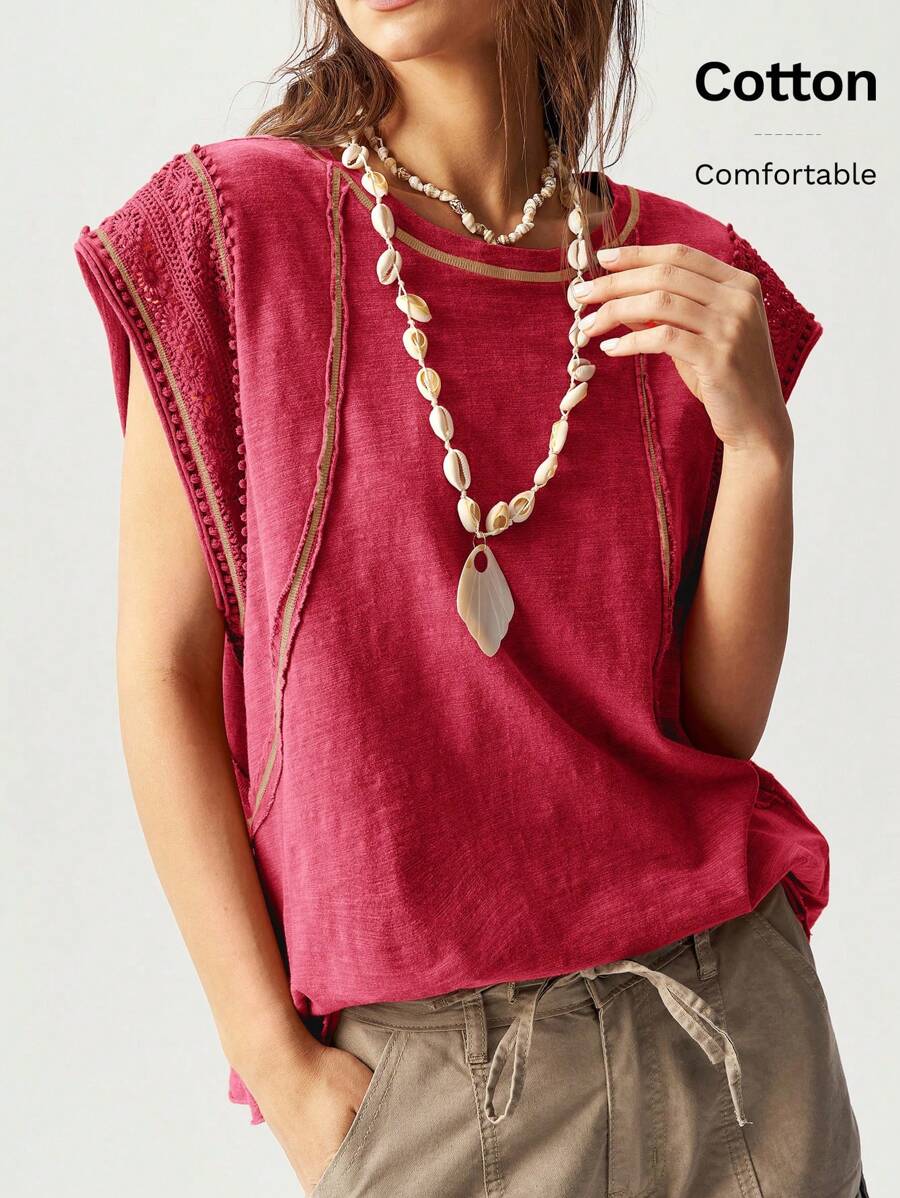 Bohemela Áo thun cổ tròn dệt kim màu trơn không tay rộng rãi đã giặt dành cho nữ - Màu Đỏ Sâu - Xem 1