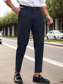 Manfinity Mode Quần tây công sở màu trơn Slim Fit dành cho nam - Màu xanh hải quân - Xem 4