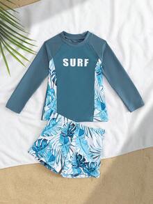 Young Boy2pcs Swimwear Set With Printed Top And Random Print Shorts, Charcoal Blue Color