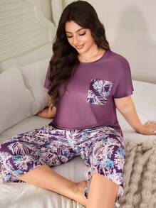 SHEIN Ensemble de pyjama casual à imprimé floral en grande taille pour femmes