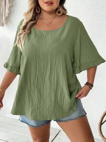 SHEIN CURVE+ Áo sơ mi kaki mùa hè cỡ lớn dành cho nữ, tay ngắn xếp ly, vạt rộng, kiểu dáng thường ngày/đi biển/nghỉ mát/đồ dùng cần thiết cho bãi biển/lễ tốt nghiệp/tiệc trà mùa hè/đồng quê/kỳ nghỉ biển/bãi biển/trang phục đi biển - Màu xanh Bạc hà - Xem 4