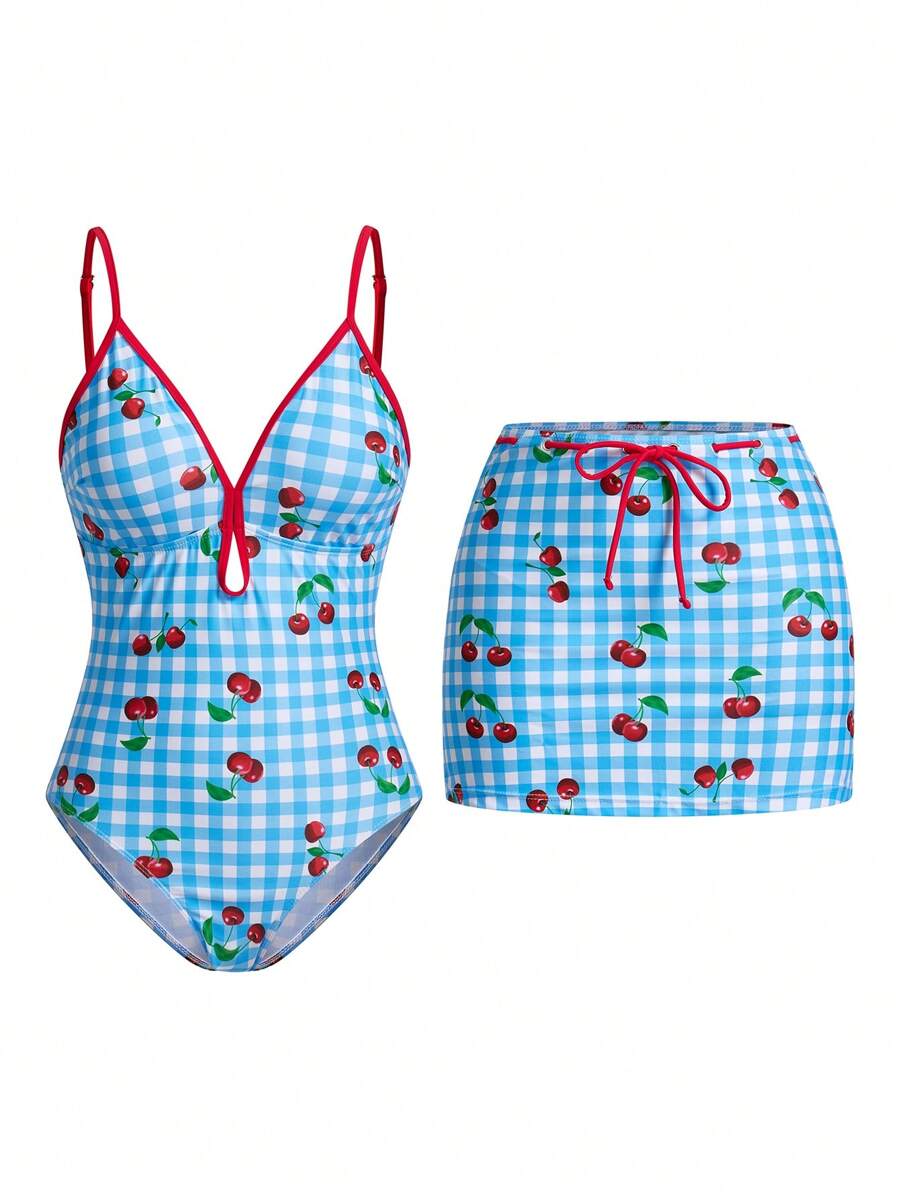Sweetra レトロチェック柄ブルーミニスカート付き ワンピース水着、夏のバケーションスタイル | SHEIN JAPAN