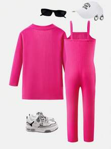 2 Pcs/Set Setelan Anak Perempuan Kreatif Lucu Kasual Warna Polos Cardigan Mantel Panjang + Celana Jumpsuit - Hot Pink - View 2