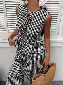SHEIN EZwear Women 2pcs Sleeveless Tank Top & Pants Set With Tie Front, Black & White Plaid, Summer