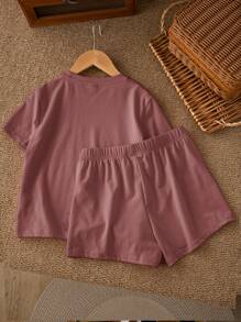 SHEIN Leap Crew 2pcs/Set Tween Girls' Casual Minimalist Style Short Sleeve Shorts Set, Suitable For Summer - Dusty Purple - View 2
