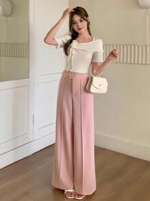 SHEIN Pantalones rectos casuales y versátiles de pierna holgada, de color rosa, elegantes para uso diario y para ir y venir
