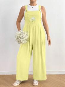 Flirla 新款休闲风菊花刺绣口袋阔腿裤，宽松百搭背带裤工装休闲裤 - 黃色 - 查看 3