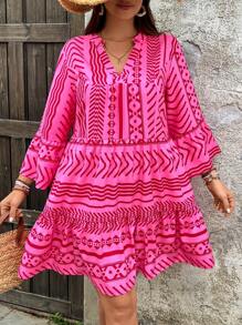 SHEIN VCAY 大码长袖连衣裙，夏季时尚 - 粉色 - 查看 6