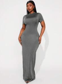 SHEIN SXY Vestido midi elegante de manga corta, de cuello redondo y ajustado en talla grande de un solo color