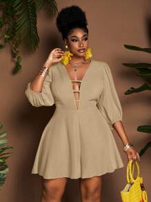 Maweii Plus Size Women's Summer Solid Deep V-Neck Lantern Sleeve Sexy Rompers - Apricot - View 2