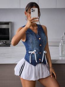 SHEIN EZwear 女士休闲无袖牛仔夹克，带蝴蝶结装饰，夏季 - 藍色 - 查看 3