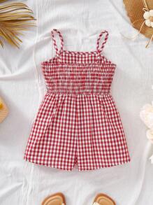 SHEIN 妈妈和我可爱格子蝴蝶结吊带连体衣，夏季 - 紅白色 - 查看 2