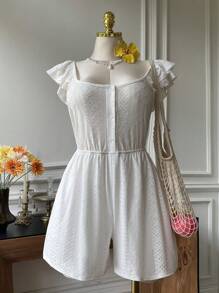 SHEIN EZwear Große Größen Weiß Hohlmuster Jacquard Puffkragen Rüschensaum Lässig Jumpsuit, Frühlings- & Sommer-Urlaubsstil - Weiss - Übersicht 1