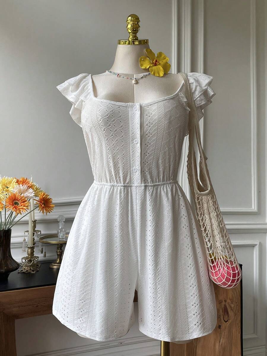 SHEIN EZwear Große Größen Weiß Hohlmuster Jacquard Puffkragen Rüschensaum Lässig Jumpsuit, Frühlings- & Sommer-Urlaubsstil - Weiss - Übersicht 1