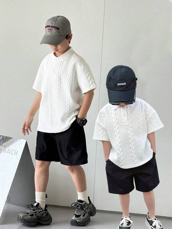 SHEIN 2pcs Tween Boy Casual Korean Style Textured Comfortable & Versatile Fabric White Polo T-Shirt & Shorts Set, Suitable For Commuting, School, Daily Leisure, Sports, Spring/Summer