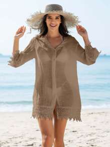 Swim Vcay Women's Lace Patchwork Kimono Cover Up, Vacation Beach Cover-Up For Summer - Khaki - View 4