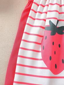 SHEIN 2 Pieces Set Baby Girls' Cute Summer Strawberry & Watermelon Fruit Print Dress, Basic Daily Outfit - Multicolor - View 6
