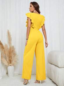 SHEIN Tall Women's Solid Color Ruffled Collar Elegant Jumpsuit, Suitable For Commuting In Summer - Yellow - View 2