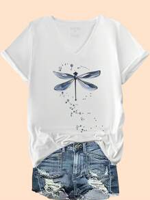 EMERY ROSE Áo thun họa tiết chuồn chuồn xanh cỡ lớn cho nữ, áo phông cổ chữ V tay ngắn thường ngày dành cho nữ - trắng - Xem 1