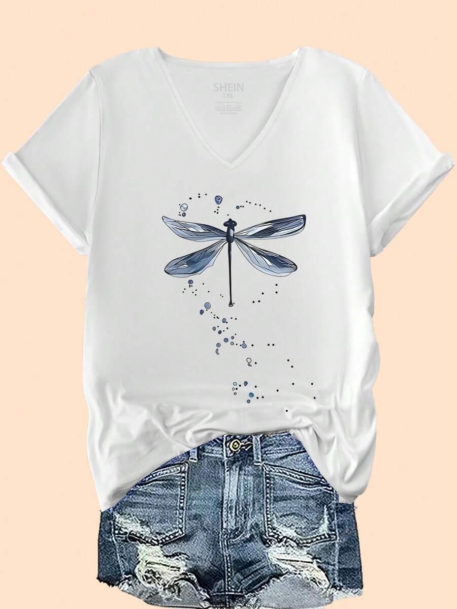 EMERY ROSE Áo thun họa tiết chuồn chuồn xanh cỡ lớn cho nữ, áo phông cổ chữ V tay ngắn thường ngày dành cho nữ - trắng - Xem 1