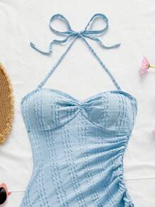 Soleia 度假吊带系带粉色纹理面料不对称下摆连衣裙