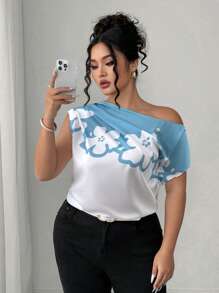 Elenzga Plus Size Women Floral Print Keyhole Shoulder Blouse For Summer - Blue and White - View 1