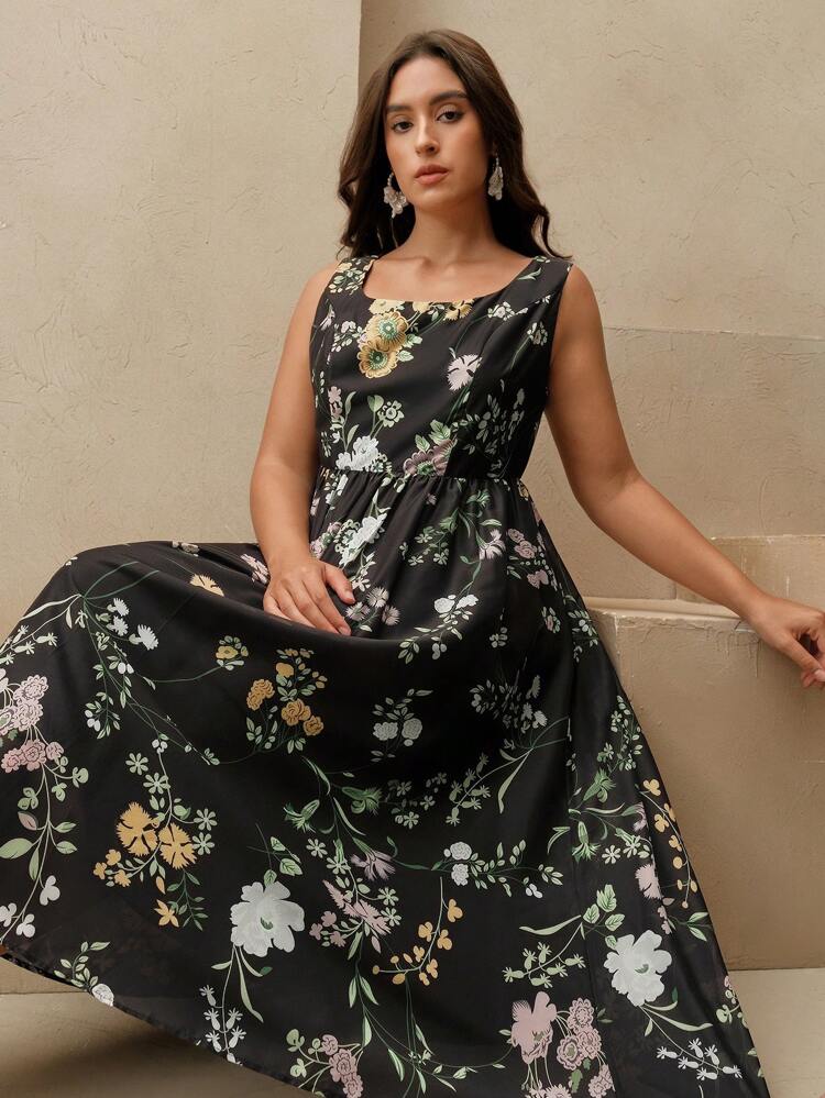 Plus Size Women Sleeveless Waist Cinched Sheer Mesh Midi Dress, For Vacation