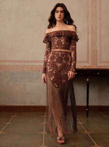 Anewsta Women's Elegant Resort Beach-Wear 3D Floral Decor Crochet Hollow Fringe Trim Off Shoulder Top & Mini Skirt Set, Spring/Summer Festival & Graduation - Brown - View 1