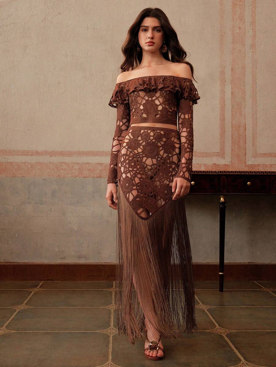 Anewsta Women's Elegant Resort Beach-Wear 3D Floral Decor Crochet Hollow Fringe Trim Off Shoulder Top & Mini Skirt Set, Spring/Summer Festival & Graduation - Brown - View 1