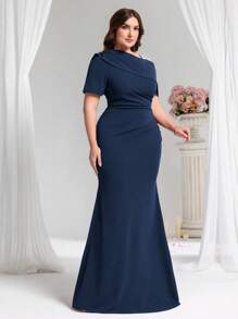 Coutiva Plus Size Asymmetrical Beaded Formal Evening Gown, Party Dress, For Wedding Guest - Navy Blue - View 3