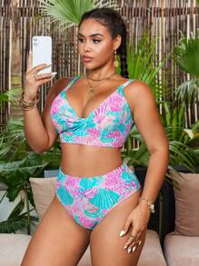 Swim Mod 大码女式休闲度假数码印花坦基尼泳衣套装，细肩带，适合海滩穿着