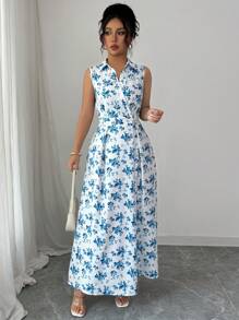 SHEIN LUNE 女式前扣领无袖动物豹纹口袋休闲连衣裙长款女装 - 藍色 - 查看 6