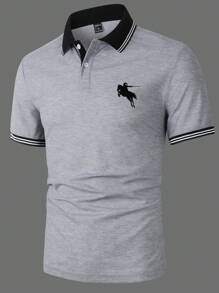 Manfinity Homme 男式骏马印花撞色边短袖 Polo 衫 - 灰色 - 查看 3