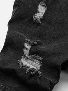 SHEIN Teen Boy Fashion Casual Vintage Cut Out Ripped Frayed Design Black Comfortable Tight Denim Boys Shorts For Teen Boy Clothes Boys Soft Dailywear And Teen Boy Summer And Spring Rave Outfits Festival And Beach Outfits Clothes