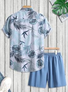 Manfinity RSRT Bộ áo sơ mi tay ngắn họa tiết hoa Hawaii và quần short trơn màu cho nam, trang phục đi nghỉ nhiệt đới, trang phục ấm áp - Nhiều màu - Xem 2