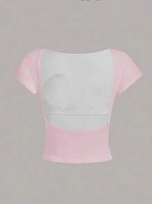 Women's Padded Backless Sexy Crop Pink Top Tee, Suitable For Summer, Built-In Bra - Pink - View 6