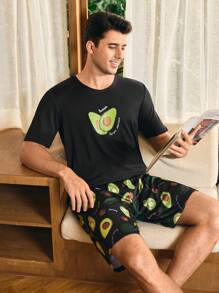CoupledUp Conjunto de pijama informal de hombre de manga corta y pantalón corto con estampado de aguacate