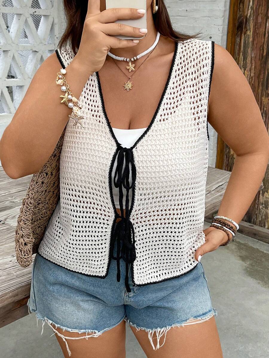 SHEIN VCAY Áo khoác len cardigan dệt kim màu trơn đơn giản, khoét lỗ, thắt dây cỡ lớn cho nữ, phong cách du lịch mùa xuân/hè theo phong cách miền Tây châu Âu - Nhiều màu - Xem 1