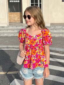 SHEIN 女童休闲花卉印花荷叶边斜领泡泡袖衬衫 - 玫紅色 - 查看 7