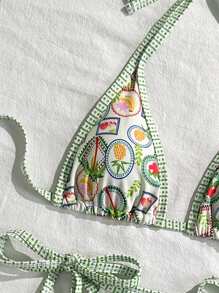 Swim Mod 2pcs/Set Women Beachwear Cute Fashionable Holiday Contrast Color Ruffled Fruit Print Halter Backless Triangle Top And Self-Tie String Bikini Swimsuit For Summer Beach Vacation - Multicolor - View 4