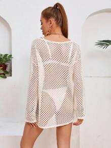 SHEIN Swim 镂空蕾丝透明沙滩比基尼罩衫和服罩衫，轻盈夏季度假风格女式泳装外衣