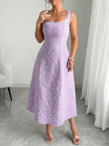 Elenzga Đầm midi cổ tròn họa tiết hoa dập nổi cỡ lớn cho nữ, trang phục đi nghỉ/hẹn hò thanh lịch - Màu tím - Xem 5