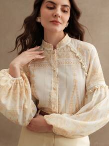 Anewsta French Vintage Royal Style Printed Stand Collar Long Sleeve Women Shirt - Yellow - View 5