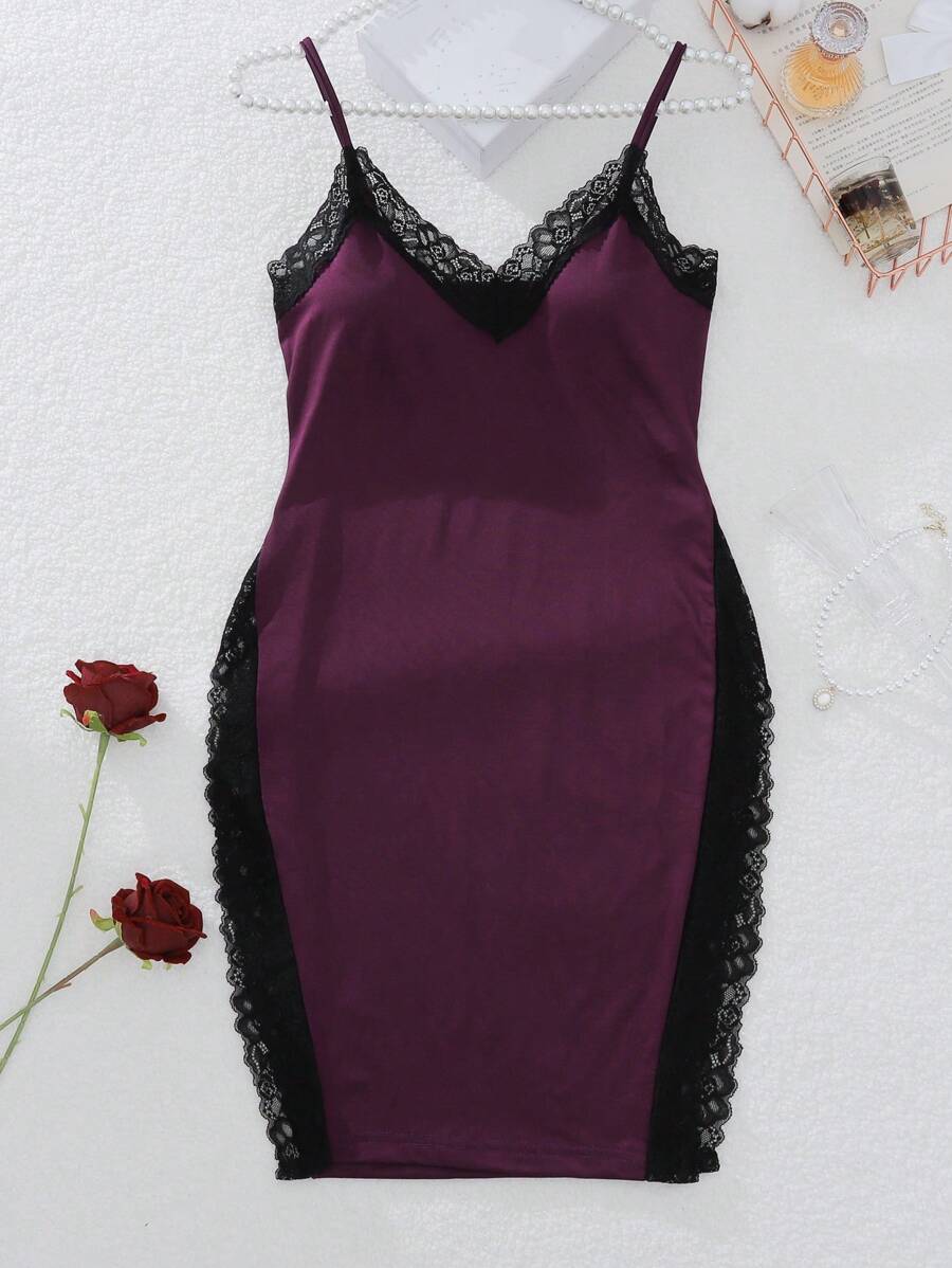 SHEIN 性感女式高开叉蕾丝吊带背心睡衣 - 中紫紅色 - 查看 1