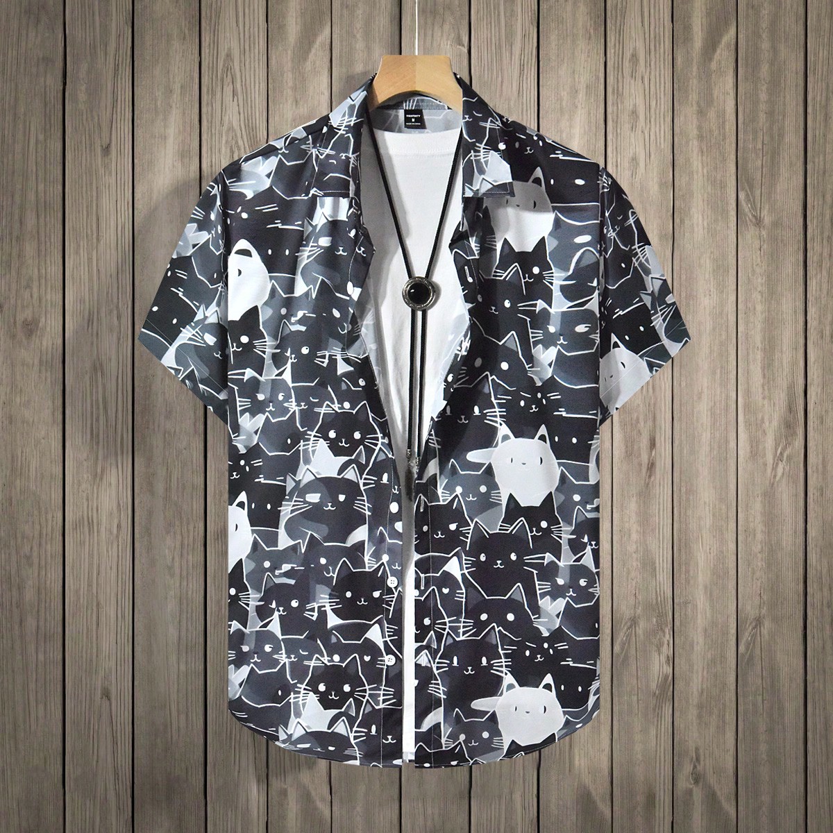 Camisa de manga corta con estampado de gato para hombres, camisas de verano con estampado de gato para hombres