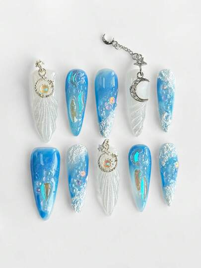 Fairycore 10pcs Beach Vacation Style Sea Stars, Shells, Mermaid Tails, Stars, Moon Hand-Painted High-Quality False Nails + 3pcs Double-Sided Adhesive, Detachable Reusable Faux Pearl Sticker Nail Art Stickers, Waves Pattern, Suitable For Holidays, Parties, Dancing, And Daily Wear