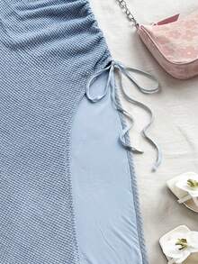 Soleia Đầm dài dệt kim họa tiết tổ ong bó sát xẻ tà cho nữ ngày lễ, viền rút dây, thích hợp cho tiệc tùng, hẹn hò, gợi cảm, trà chiều, bãi biển, mùa hè, lễ hội âm nhạc, mùa cưới - Màu xanh lam - Xem 7