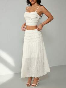 SHEIN PETITE 女士两件套服装优雅荷叶边吊带背心和半身裙两件套，女士度假服装，女士夏季服装，女士西部装，乡村装，度假两件套日常穿着 - 卡其色 - 查看 3